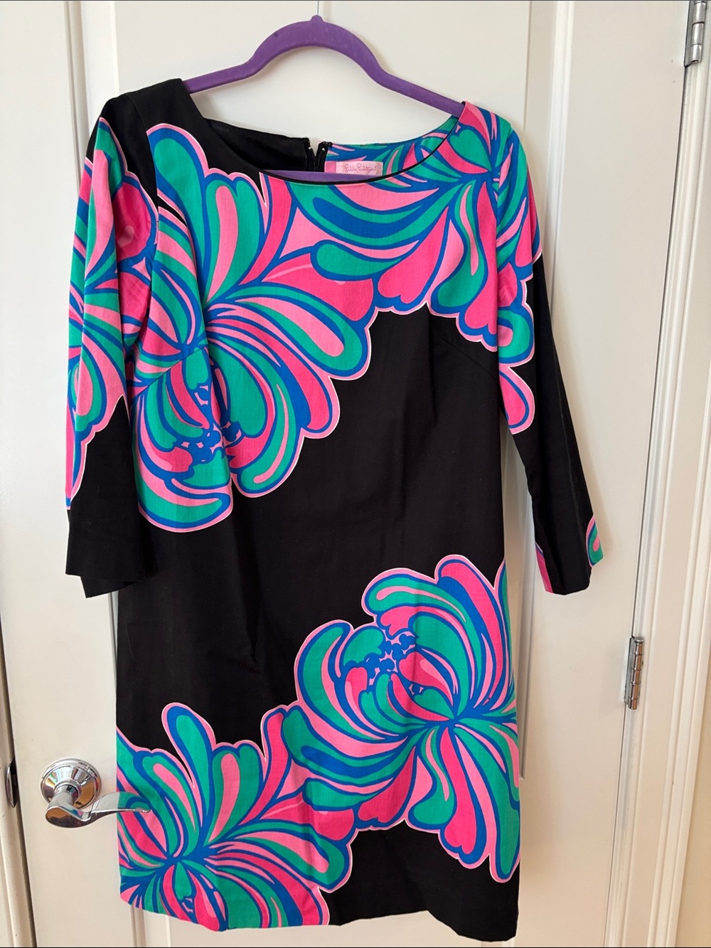 Lilly Pulitzer Black Midi Dress with Pink & Teal Floral Swirls